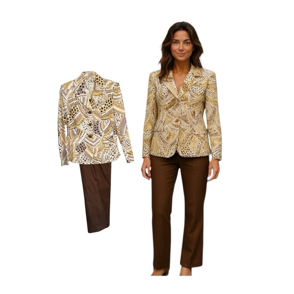 Le Suit Brown Patterned Pantsuit